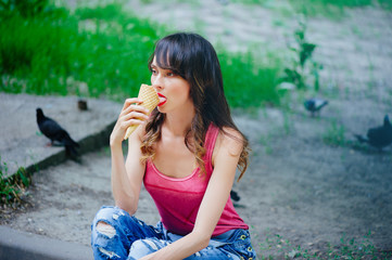 Fototapeta premium beautiful woman eating ice cream