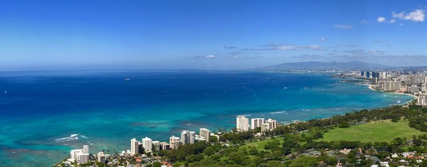 A blue panorama of the pacificm view from the top of the Diamond Head Monument, Waikiki Beach, Hawaii