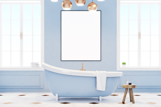 Blue bathroom interior with poster