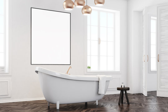 Gray bathroom interior with poster, side