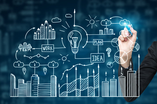 Hand and business plan on glassboard