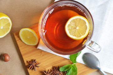 Cup of tea with mint and lemon