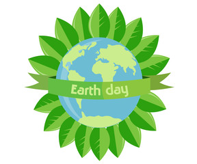 Earth Day. Planet and the inscription around the leaves
