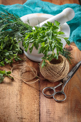 Spicy herb marjoram on a wooden table