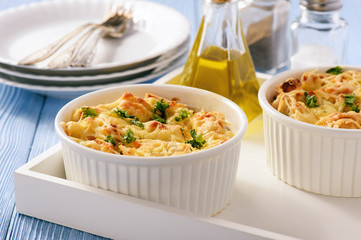 Bread casserole with chicken, spinach,eggs and cheese known as strata.