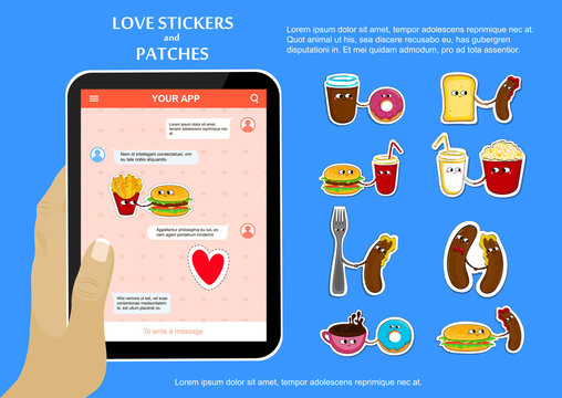 Fast Food Funny Love Stickers And Patches. Cute Cartoon Emoticons. Chat Application On Tablet. Vector Illustration.