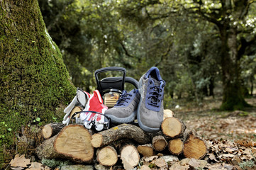 Shoes, gloves and safety goggles for safe use of a chainsaw.