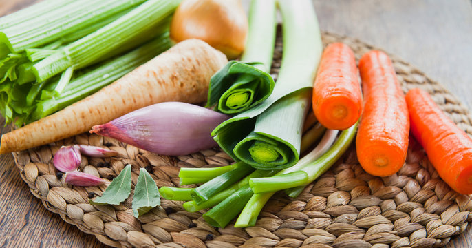 Vegetable Ingredients For Cooking Stock Broth For Soup: Leeks, Carrots, Onion, Celery, Shallots, Parsley, Herbs.