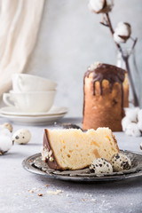 Easter orthodox sweet bread kulich, sliced, with chocolate glaze.