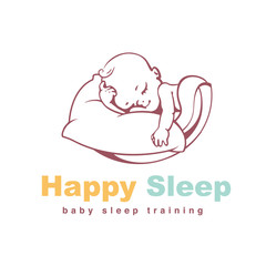 Baby logo template. Sleeping baby. Kid on soft pillow under blanket. Concept of safety and comfort. Healthy sleep. Sign for sleep training site. Baby care product. Line art vector illustration.