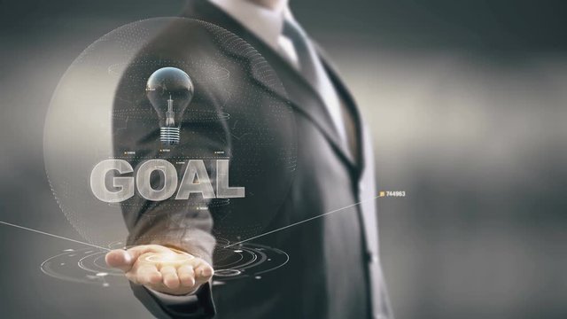 Goal with bulb hologram businessman concept