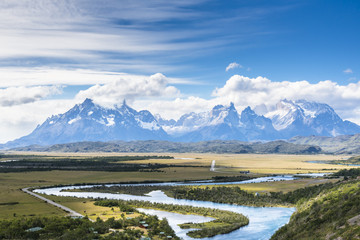 View of Torres del Paine National Park in sunny day, Patagonia, Chile