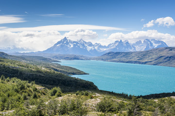 Naklejka na ściany i meble Amazing emerald lake on sunny day in Torres del Paine National Park, Patagonia, Chile