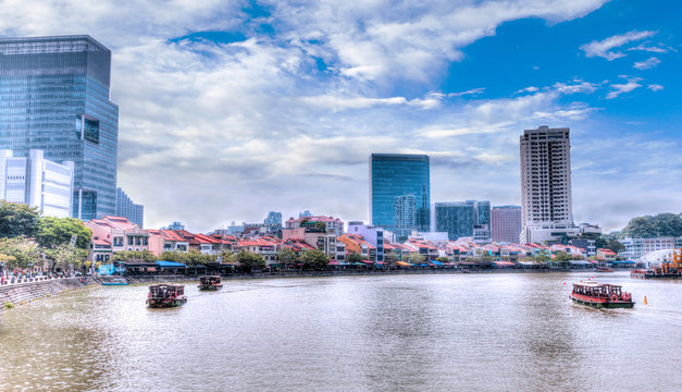 Singapore Landmark: HDR of Boat Quay on Singapore River