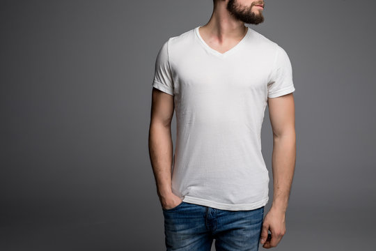 close up of man in blank t-shirt