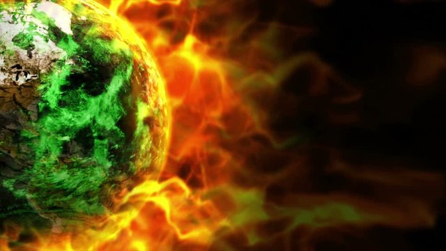 Fiery Earth and Flames Animation, Pollution Concept, Rendering, Background, Loop, 4k
