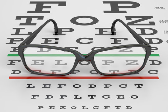 Eye Chart and Glasses, 3D rendering