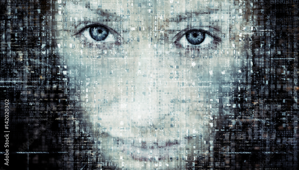 Wall mural woman face in abstract binary computer code background. lost in the virtual world concept.