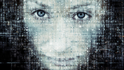 Woman face in abstract binary computer code background. Lost in the virtual world concept.