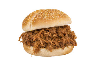Close up on pulled pork sandwich isolated on white background. - 142021332