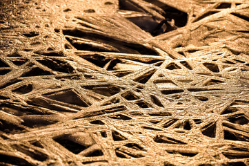 Abstract curlicue shapes of ice on frozen puddle.