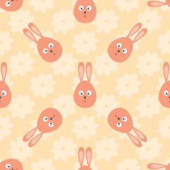 Rabbit head in the shape of an egg and cartoon flowers. Easter seamless pattern.
