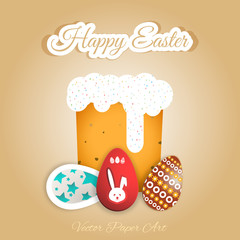 Vector poster of Easter Cake with glaze and eggs of different patterns on the gradient brown background with outline text.