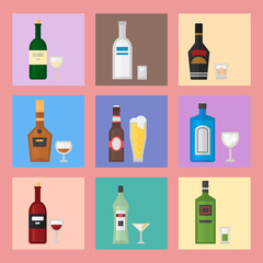Alcohol drinks beverages cocktail card drink bottle lager refreshment container and menu drunk concept different bottle and glasses vector illustration.