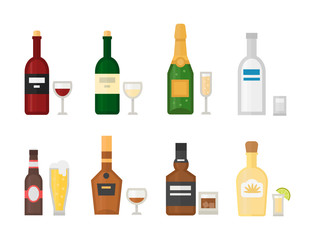 Alcohol drinks beverages cocktail whiskey drink bottle lager refreshment container and menu drunk concept different bottle and glasses vector illustration.