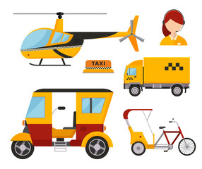 Taxi cab isolated vector illustration white background passenger car transport yellow icon truck van cargo helicopter bicycle dispatcher different