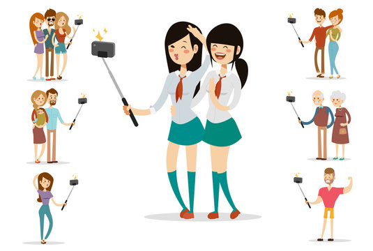 Selfie people isolated vector illustration character photo lifestyle set hipster smart flat camera smartphone person picture girl