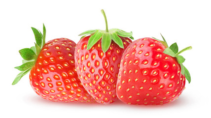 Isolated strawberries. Three strawberry fruits isolated on white background with clipping path