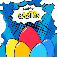 Happy Easter card with colored eggs and text cloud. Comics style.
