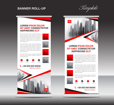 Red Roll up banner, stand template, poster, display, advertisement, banner design, polygon vector, business layout design