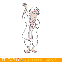 Hindu man dancing. National character of India. Funny caricature. Editable line sketch. Stock vector illustration.