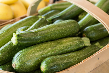 Zucchini In A Basket For Sale At Farmers Market
