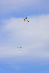 Flying parachutists on sky
