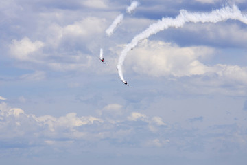 Several planes performing in an air show at Jones Beach