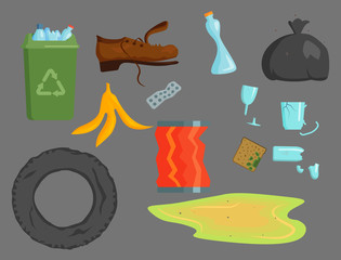 Recycling garbage elements trash bags tires management industry utilize concept and waste ecology can bottle recycling disposal box vector illustration.