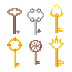 Obraz premium Vintage or antique door key isolated access household tool retro metal security house protection and decorative skeleton ornate secret sign vector illustration.