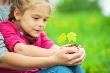 Adult and child holding little green plant in hands. Ecology concept