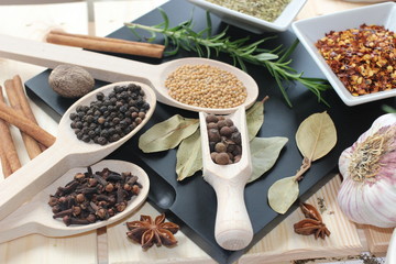 spices and herbs, spice, herb, pepper, garlic, mustard, clove, allspice, nutmeg, anise, anise star seed, chili, dried chilis, bay leaf, cinnamon, 