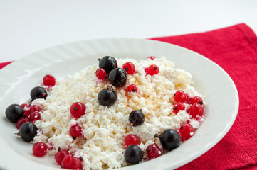 Homemade cottage cheese with red and black currant honey