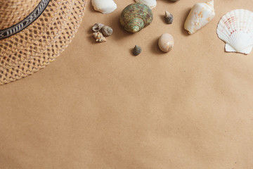 Fototapeta na wymiar Seashells on wooden background with copyspace. travel concept