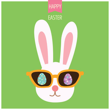 Illustration vector of bunny easter with sunglasses and colored eggs on green background