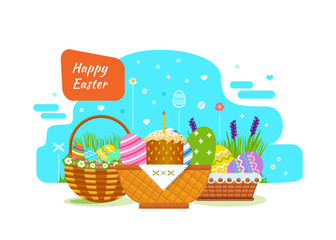 Festive, beautiful, Easter baskets with painted eggs, flowers, bakery products.
