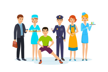 Fototapeta premium Businessman, nurse, fitness trainer, police officer, hairdresser, girl with drinks.