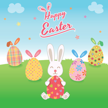 Illustration vector of Happy Easter with rabbit take a colored easter eggs on nature background.