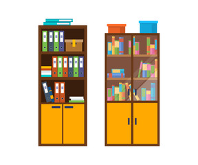 Office wooden cabinet with many folders, accounting files with documents.