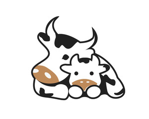 Modern Cute Animal Mother And Children Warm Hug Logo - Cow Family